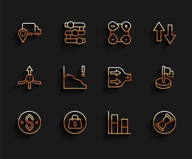 Satış Teslimatı grafiği çizelgesini takip eden Satılık Alışveriş Torbası Eski Kum Saati Finansal Büyümeyi Azaltır Bayrak ve Ok simgesini ayarla. Vektör.