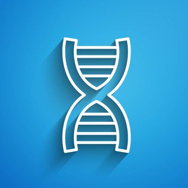 Mavi arkaplanda beyaz çizgi DNA sembolü izole edilmiş. Uzun gölge. Vektör.