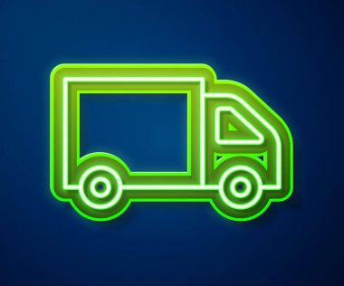 Parlayan neon hattı mavi arka planda izole edilmiş kargo kamyonu ikonu. Vektör.