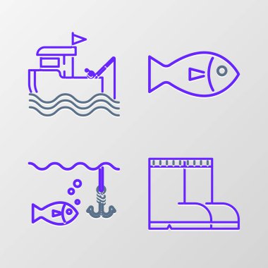 Balıkçı çizmeleri, balık ve oltayla oltaya takılıp suyun altına çekiliyor. Vektör.