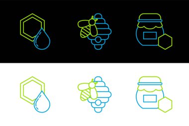 Bal peteği kavanozunu ve arı ikonu için kovanını ayarla. Vektör.