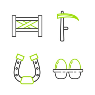 Horseshoe Scythe kutusuna tavuk yumurtası koyun ve bahçe çitleri ahşap ikonu. Vektör.