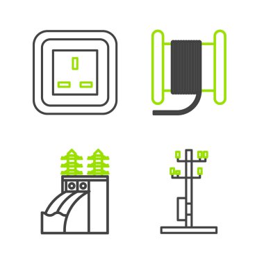 Yüksek voltajlı elektrik direği hattı Nükleer Santral elektrik kablosunu makara veya davul ve elektrik çıkış ikonu üzerine ayarla. Vektör.