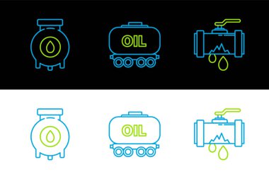 Kırık metal boru hattı, sızıntı yapan yağ ve gaz sanayi fabrikası ve demiryolu sarnıç ikonu. Vektör.