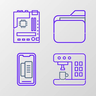 Kahve makinesi, cep telefonu, belge klasörü ve anakart simgesini ayarla. Vektör.