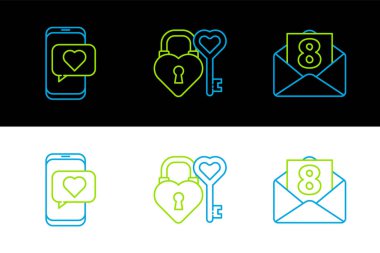 Zarfı 8 March Online randevu uygulaması ve sohbet ile ayarla ve Castle 'ın anahtar kalp şekli simgesi. Vektör.