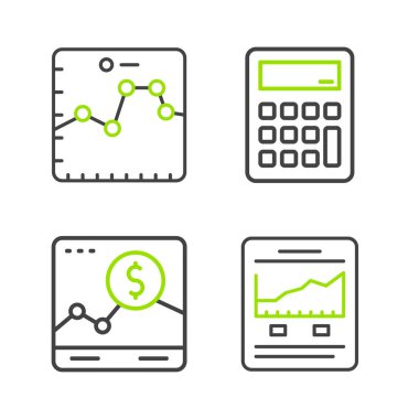 Çizgi web sitesini büyüme grafiği hesap makinesi ve tarayıcı simgesi ile ayarla. Vektör.