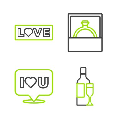 Şampanya şişesi konuşma baloncuğu ve seni seviyorum elmas nişan yüzüğü ve aşk metin ikonu. Vektör.
