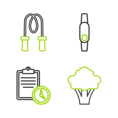 Çizgi Brokoli Spor Eğitim Programı Smartwatch ve Zıplama halat simgesi. Vektör.