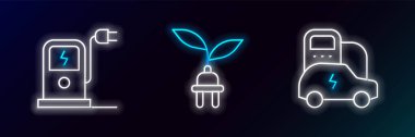 Elektrikli araba şarj istasyonunu ayarla ve fiş yaprağı simgesini kurtar. Parlayan neon. Vektör.
