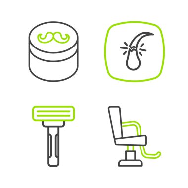 Berber dükkanı sandalyesinin traş bıçağı kırılan folikül ve jel cilasını şekil vermek için ayarla. Vektör.