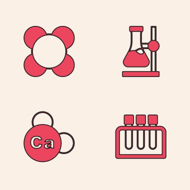 Test tüpü molekül şişesini ve mineral kalsiyum simgesini kürsüye getirin. Vektör.