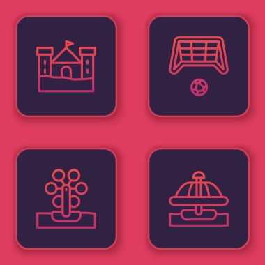 Kumdan kale, dönme dolap, top ve atlıkarıncalı futbol kalesi. Mavi kare düğme. Vektör.