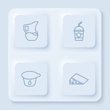 Süt sürahisi ya da sürahi, milkshake, yoğurt kabı ve peynir. Beyaz kare düğme. Vektör.