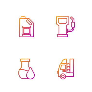 Araç için benzin deposu, petrol test tüpü, teneke motor yağı ve benzin istasyonu ayarlayın. Renk simgeleri. Vektör.