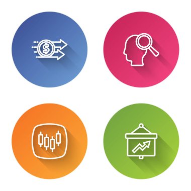 Finansal büyüme dolarını ayarla. Borsa ve yönetim kurulu grafiğiyle insanları tara. Renkli daire düğmesi. Vektör.