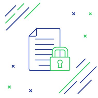 Satır Belgesi ve kilit simgesi beyaz arkaplanda izole edildi. Dosya biçimi ve asma kilit. Güvenlik, güvenlik, koruma kavramı. Renkli taslak konsepti. Vektör