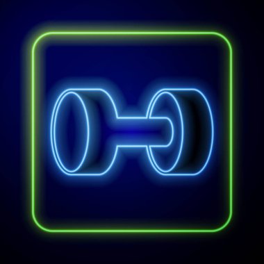 Parlayan neon renkli Dumbbell simgesi mavi arkaplanda izole edildi. Kas kaldırma ikonu, fitness halteri, spor aletleri, egzersiz yaban domuzu. Vektör.