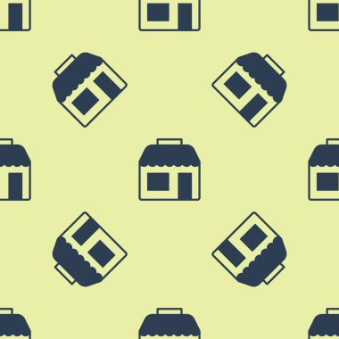 Blue Shopping building or market store icon isolated seamless pattern on yellow background. Shop construction.  Vector
