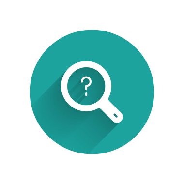 White Unknown search icon isolated with long shadow background. Magnifying glass and question mark. Green circle button. Vector