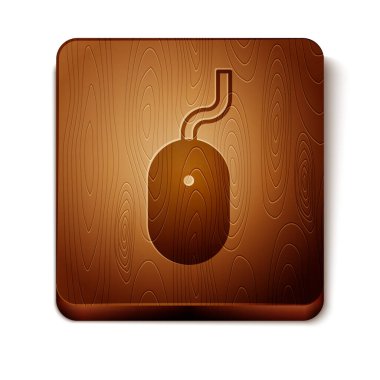 Kahverengi Bilgisayar faresi simgesi beyaz arkaplanda izole edildi. Tekerlek sembollü optik. Tahta kare düğme. Vektör