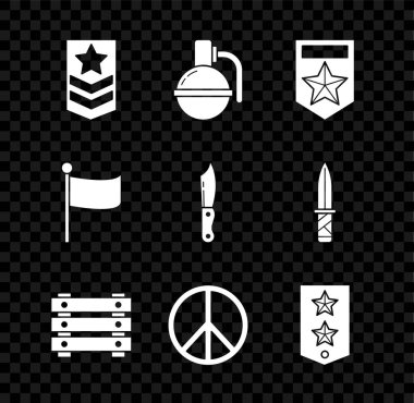 Set Chevron Hand grenade Military ammunition box Peace Flag and knife icon. Vector.