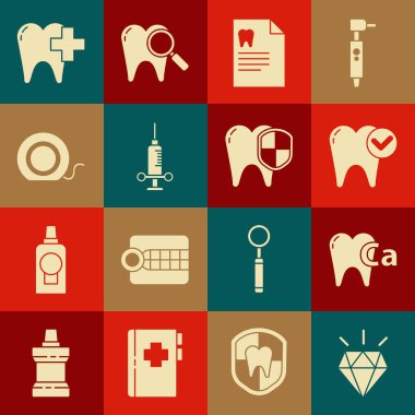 Set Diamond teeth, Calcium for tooth, Tooth whitening concept, Clipboard with dental card, Dental medical syringe, floss, clinic care and protection icon. Vector