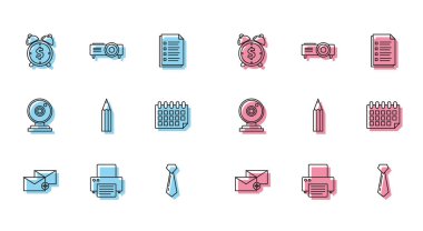 Set line Envelope, Printer, Alarm clock with dollar symbol, Tie, Pencil, Calendar, Web camera and Presentation, movie, film, media projector icon. Vector