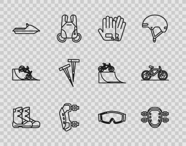 Set line Boots, Knee pads, Gloves, Jet ski, Pegs for tents, Ski goggles and Bicycle icon. Vector