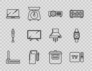 Set line Router and wi-fi signal, TV box receiver player with remote controller, Power bank different charge cable, Laptop, Smart Tv, Slow cooker and watch showing heart beat rate icon. Vector