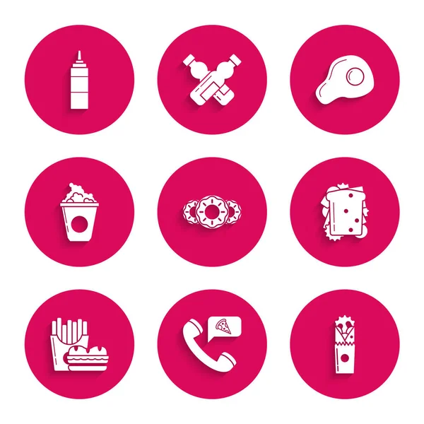 Set Donut with sweet glaze, Food ordering pizza, Doner kebab, Sandwich, Burger french fries carton package box, Popcorn cardboard, Scrambled eggs and Sauce bottle icon. Vector