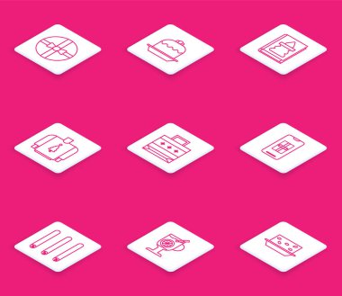 Set line Gift box, Cake, Christmas book, sweater, paper shopping bag, Smartphone with gift, Three rolled sticks of cinnamon and Mulled wine glass drink icon. Vector