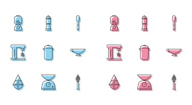 Set line Ball tea strainer, Scales, Blender, Honey dipper stick, Cooking pot, Sauce boat, Electric mixer and Pepper icon. Vector
