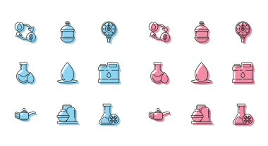 Set line Canister for motor machine oil, Oil and gas industrial factory building, exchange, water transfer, convert, Antifreeze test tube, drop, petrol and Propane tank icon. Vector