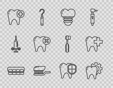 Set line Teeth with braces, Tooth treatment procedure, Dental implant, Toothbrush toothpaste, caries, protection and clinic for dental care icon. Vector