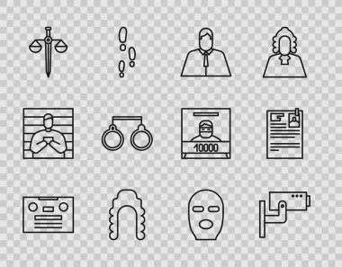 Set line Retro audio cassette tape, Security camera, Lawyer, attorney, jurist, Judge wig, Scales of justice, Handcuffs, Thief mask and Lawsuit paper icon. Vector