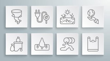Set line Full dustbin, Electric saving plug leaf, Deforestation, Barrel oil leak, Plastic bag, Drought, Hands holding Earth globe and Tornado icon. Vector