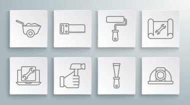 Set line Laptop service, Hand saw, Hammer, Putty knife, Worker safety helmet, Paint roller brush, Graphing paper wrench and Wheelbarrow icon. Vector