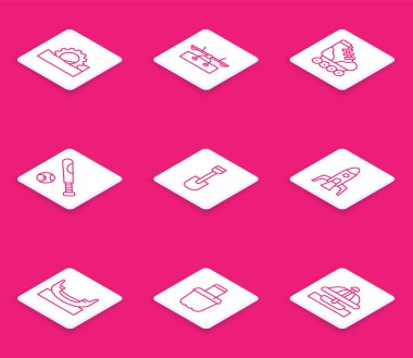 Set line Ferris wheel, Seesaw, Roller skate, Baseball bat with ball, Shovel toy, Rocket ship, Boat swing and Sand bucket icon. Vector