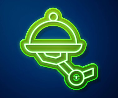 Parlak neon çizgisi, mavi arka planda plaka simgesi olan garson robot. Yapay zeka, makine öğrenme, bulut hesaplama. Vektör.