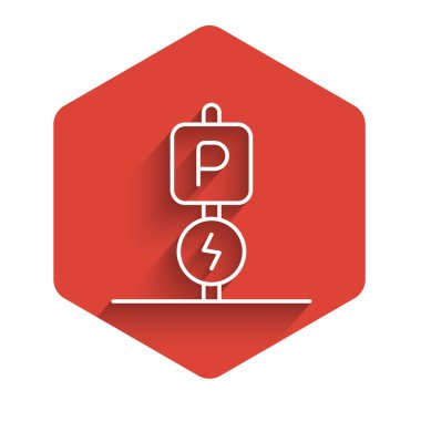 Elektrikli araba ikonunu park eden beyaz çizgi uzun gölgeli izole edilmiş. Kırmızı altıgen düğmesi. Vektör