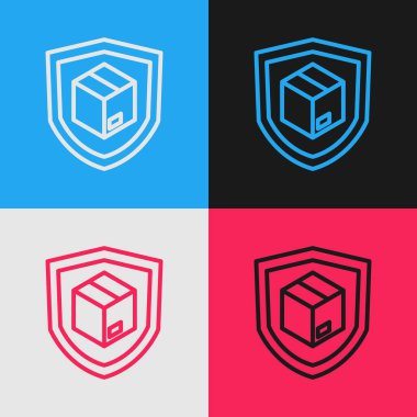 Pop Sanat Hattı Renk arkaplanında kalkan simgesi olan teslimat güvenliği. Teslimat sigortası. Kalkanın ötesinde sigorta kutuları var. Vektör
