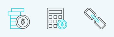 Set line Chain link, Coin money with dollar symbol and Calculator icon. Vector