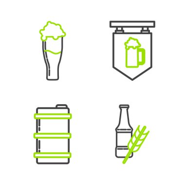 Set line Beer bottle, Metal beer keg, Street signboard with glass of and Glass icon. Vector