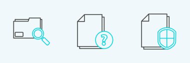 Set line Document protection concept, Search with folder and Unknown document icon. Vector