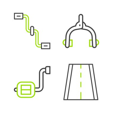 Set line Bicycle lane, pedal, brake calipers and pedals icon. Vector