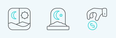 Set line Donate or pay your zakat, Ramadan fasting and Muslim cemetery icon. Vector