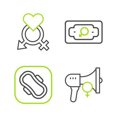 Set line Feminist activist, Sanitary napkin, Money growth woman and Gender icon. Vector