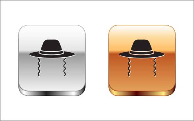 Black Orthodox jewish hat with sidelocks icon isolated on white background. Jewish men in the traditional clothing. Judaism symbols. Silver-gold square button. Vector.