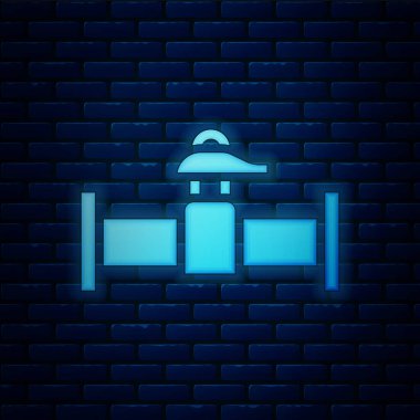 Glowing neon Industry metallic pipe and valve icon isolated on brick wall background.  Vector.